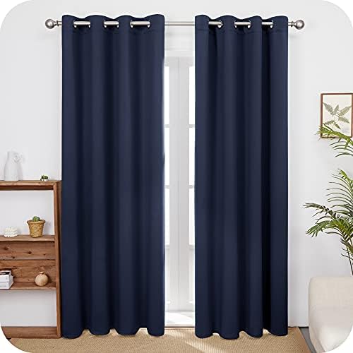 Amazon Brand - Umi Thermal Insulated Blackout Curtains Eyelet Energy Saving Curtains Window Treatment Noise Reducing Blackout Curtains for Bedroom 52 x 84 Inch Navy Blue 2 Panels