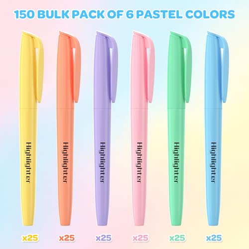 150 Count Pastel Highlighters Assorted Colors Bulk - Chisel Tip, Quick Dry, 6 Pastel Colors, School Supplies for Students Teachers, No Bleed Markers Set for Notes, Textbooks, Classroom and Office Use — view 2