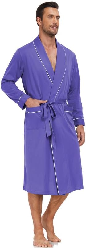 CF Men's 100% Cotton Robe Lightweight Bathrobe Long Sleeve Knit Kimono Sleepwear Soft Knee Length Shower Robe with Pockets - Image 5