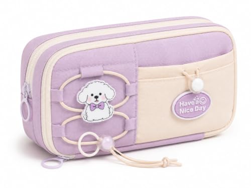Image of Canvas School Bag Pencil Case, 3 Layer 6 Compartment Large Capacity, Aesthetic Pencil Pouch for Stationary, Cute Stationery for Kids, Pencil Case for Girls & Boys (Nice Day Purple)