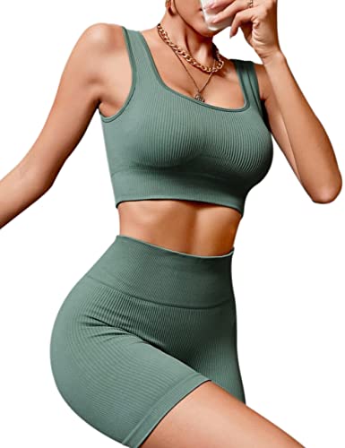 Chiphell Ribbed Workout Sets for Women 2 Piece Square Neck Crop Top and High Waist Biker Shorts Seamless Activewear Tracksuit