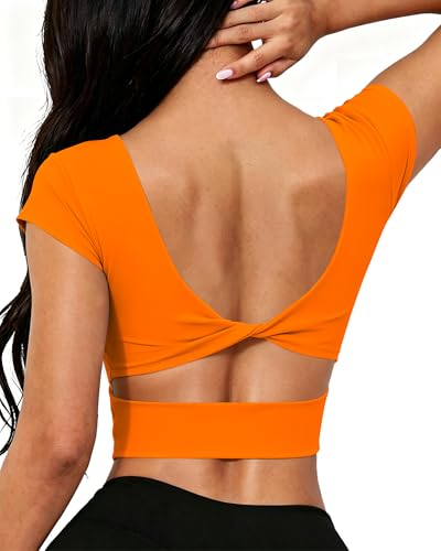 Image of DaiLiWei Open Back Workout Tops for Women Short Sleeve Longline Sports Bras Support Crop Tank Yoga Shirts with Built in Bra