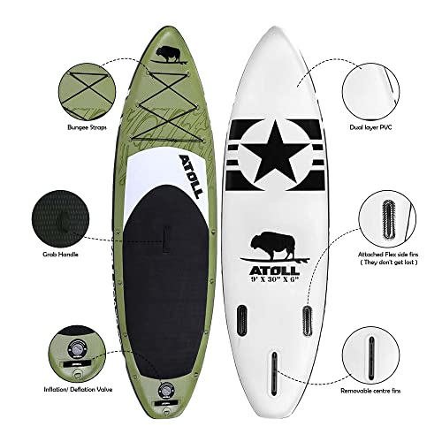 Atoll 11'0" Foot Inflatable Stand Up Paddle Board, (6 Inches Thick, 32 Inches Wide) Isup, Bravo Hand Pump And 3 Piece Paddle, Travel Backpack New Paddle Leash Included (Green) #TOP1
