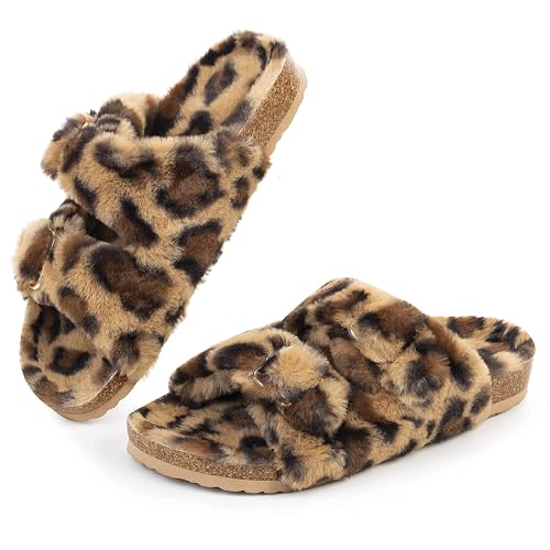 FITORY Womens Open Toe Slipper with Cozy Lining,Faux Rabbit Fur Cork Slide Sandals Leopard Size 8