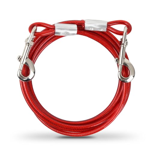 3m Cuerda Mascotas, Correa de Metal para Perros con Gancho Giratorio, Cable Cinturón de Seguridad, Alambre de Acero Inoxidable 6 mm, para Perros Grandes Medianos, hasta 250kg (Rojo)