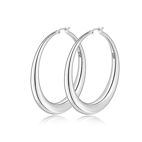 MBW Silver Hoop Earrings for Women,925 Sterling Silver Earrings Hypoallergenic Bohemian Oval Earrings Thick Chunky Hoops Earring Jewelry Gifts for Women Girls 30mm
