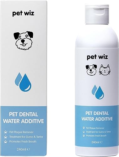 pet wiz Aditivo dental para agua para perros y gatos – removedor de placa, tratamiento para encías y sarro, promueve el aliento fresco (240 ml)