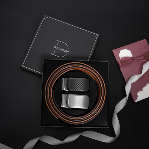 Image of 2 Pack Ratchet Belt 1 3 /8 inch, Mens leather Dress Belt in Gift Set Size 28 inch-62 inch Adjustable waist Trim to Fit (105black / Orange Brown, 28 inch-42 inch Waist Adjustable)