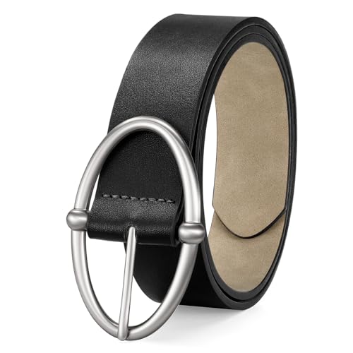 WERFORU Women Leather Belt Fashion Black Leather Belt for Jeans Dress with Silver Buckle