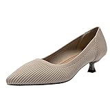 youngshow Womens Low Heel Dress Shoes Kitten Heel Wedding Shoes Comfy Pumps Women Casual Heels Dressy Heels Summer Pointed Toe Knit Slip On Pumps Beige