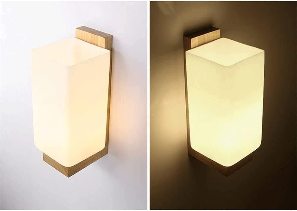 Lampada da parete in legno in stile giapponese, paralume in vetro bianco latte, base E26/E27, lampada da parete per camera da letto, studio, portico, corridoio