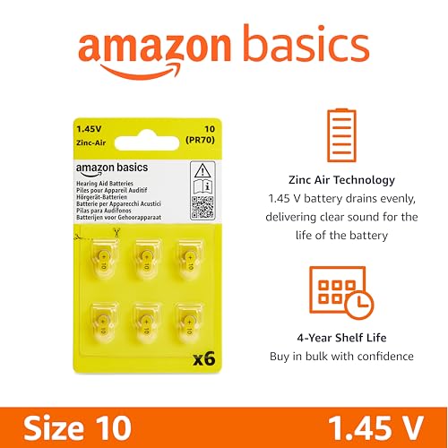 Image of Amazon Basics 60-Pack Size 10 Hearing Aid Batteries, Zinc-Air Technology, 1.45 Volt, Yellow Tab, 4-Year Shelf Life, Mercury-Free, Child-Safe Package (Use Scissors to Open)