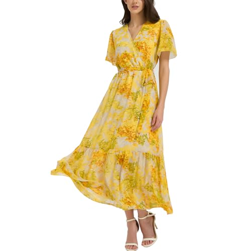 Image of Women's Summer Bohemian Floral Chiffon Dress Cap Sleeve V Neck Ruffle Long Flowy Boho Casual Vacation Dresses