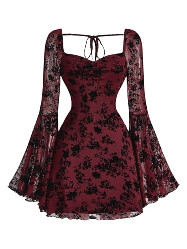 Image of WDIRARA Women's Floral Jacquard Mesh Gothic Dress Bell Long Sleeve A Line Vintage Dresses