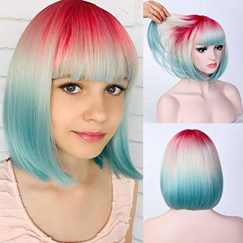 Short Bob Wig Synthetic Wig with Bangs 3 Colors Ombre Bob Wig 12 inch Cosplay Wig for Women Halloween Party Costume Wig Heat Resistant 3 Tone