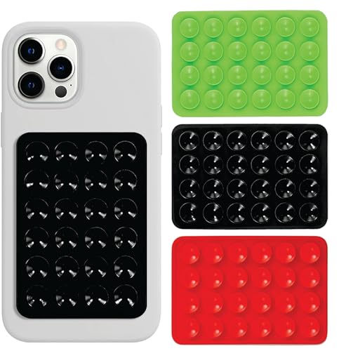 Image of THYNOX Phone Holder Suction Phone Case (Pack of 3) Anti-Slip Silicone Back Cover, Multipurpose Hands-Free Sticky Pads for Phone Adhesive Mount for Selfies Videos Mirror (Green, Black Red)