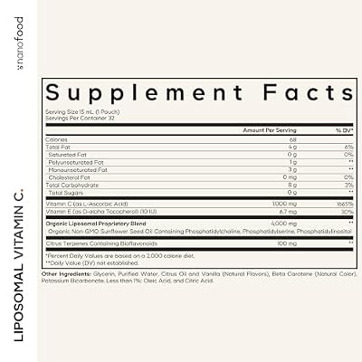 Codeage Liposomal Vitamin C Liquid 1000mg Vitamin C, 4000mg Essential Phospholipids, Supplement For Daily Immune Support, Liposomes For Absorption, Citrus Bioflavonoids, Vitamin E, Non-GMO, 32 Pouches