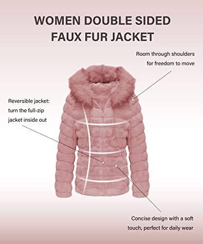 Bellivera Women Double Sided Faux Fur Jacket With Fur Collar, The Puffer Coat Worn On Both Sides 19225 Pink S #TOP2