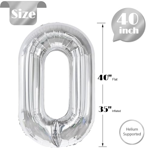 Image of Silver Number Balloon 40 Inch, 0 Number Balloons, 10 20 30 40 50 Numbers Balloon Birthday Decorations, Silver Party Supplies for Women Men
