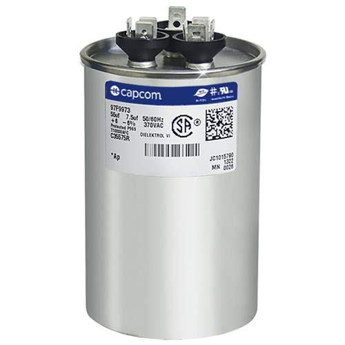Ruud - 55 + 7.5 uF MFD x 370 VAC Genteq Replacement Dual Capacitor Round # C35575R / 97F9973