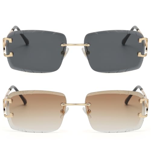 Image of Retro Rimless Rectangle Sunglasses for Men Women Luxury Frameless Square Trendy Shade Diamond Cutting Eyewear