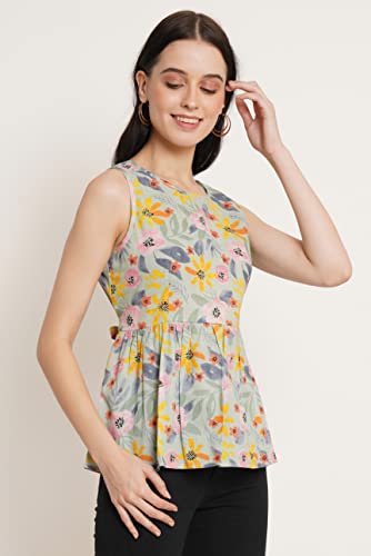 Image of COTLAND Fashions Jaipuri Cotton Sleeveless Printed Peplum Top for Women
