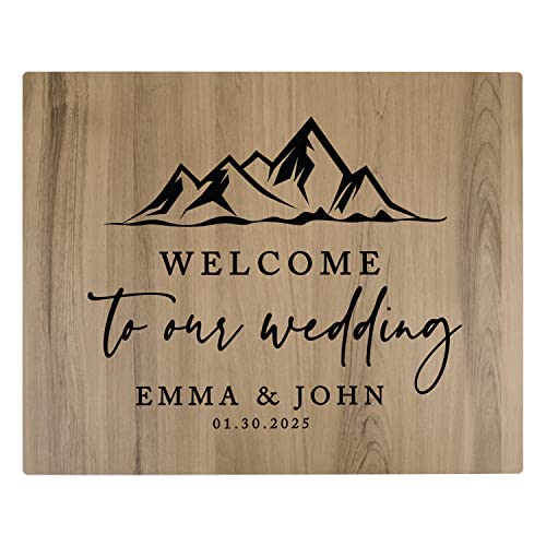 Andaz Press Large Wooden Welcome Sign for Wedding, Rustic Welcome Sign 16" x 20" Custom Names Mountain Woodland Wedding Signage English Oak MDF Wood Finish Wedding Reception Indoor Outdoor Signs