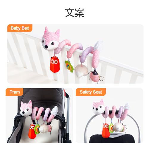 Image of Koty Car Seat Toys, Infant Baby Spiral Plush Activity Hanging Toy for Stroller Bar Pram Crib with Music Box BB Squeaker & Rattles(Pink Fox)