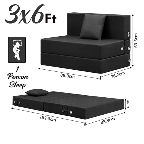 Image of Single-Seater Sofa Cum Bed Foldable Sofa Cum Bed Washable Fabric & Zipper |Jute Finish Fabric - Black Color | 3' X 6' Feet