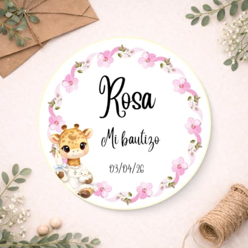 Pegatinas Bautizo Personalizadas con Nombre y Fecha – Pegatinas Redondas para Detalles, Regalos e Invitaciones (24 unidades de 5cm)