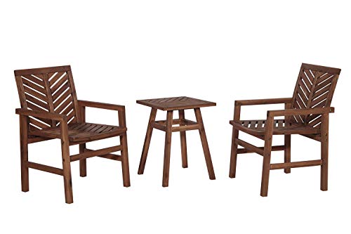 Walker Edison Outdoor Wood Chevron Patio Furniture Set Chairs Side Table All Weather Backyard Conversation Garden Poolside Balcony, 3 Piece, Dark Brown