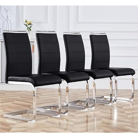 Baysitone Modern Dining Chairs Set of 4, PU Faux Leather High Back Upholstered Dining Room Side Chair with Horizontal Stripe Backrest Design for Kitchen Living Room Vanity Patio Dinner Chairs, Black Cover