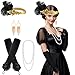 Produktbild FEPITO 7 Stück 1920er Flapper Great Gatsby Accessoires Set Mode Roaring 20er Jahre Themenset mit Stirnband Kopfbedeckung Lange schwarze Handschuhe Halskette Ohrringe für Frauen (Set A)