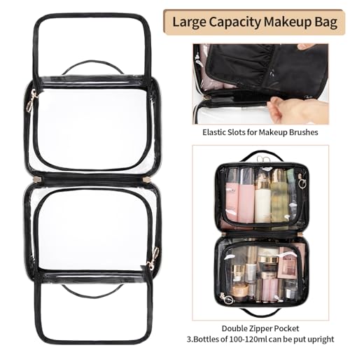 OCHEAL Makeup Bag, Double Layer Clear Make up Bag Organizer, Large Capacity Cosmetic Bag for Women Travel Beauty Essentials,Multiple Compartments Makeup Case Zipper Pouch -Clear3