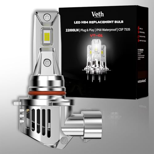 Veth Automotive HB4/9006 Replacement Light Bulbs, 22000 Lumens, 6500K Cool White, 1:1 Mini Plug & Play Design with 12000RPM Turbo Cooling Fan, 60000+ Hours Lifespan, IP68 Waterproof, Pack of 2