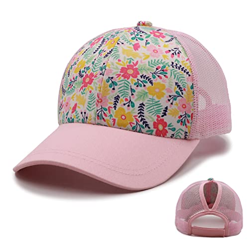 Promindfun Womens Ponytail High Messy Bun Hats Distressed Baseball Caps Unconstructed Washed Dad Hat Girls Trucker Ponycaps (0002-Pink Flowers) #TOP8