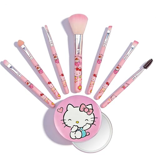 Kawaii Cat 7 PCS Makeup Brushes with A Mirror Cartoon Cosmetic Makeup Brush Set Professional Tool Kit Set Brush Set Best Gift for Girl Women