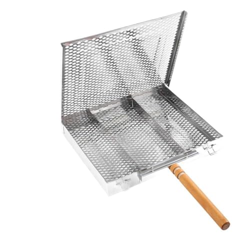 FACAIIO Vassoio per barbecue in acciaio inox con manico in legno, 25,5 x 30,5 x 4 cm, per barbecue all'aperto, picnic e campeggio, argento