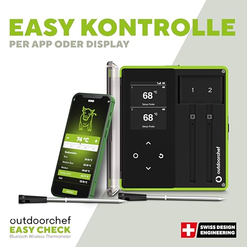 Outdoorchef Easy Check Thermometer Dual – Wireless Bluetooth BBQ‑Thermometer mit App, 2 hitzebeständige Fühler für Fleisch & Garraum, 200 m Reichweite, spülmaschinenfestes Grillthermometer