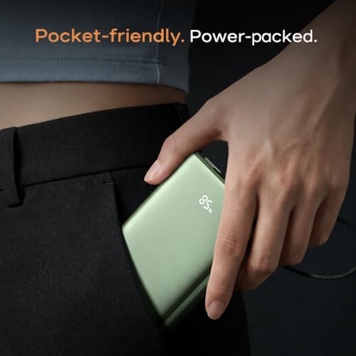 Image of Noise Power Bank 10000mAh: Built-in Type-C Cable, 22.5W Fast Charging, 120g Ultra-Compact, LED Display for Battery%, Premium Metallic Finish, Triple Device Charging, BIS Certified (Green)