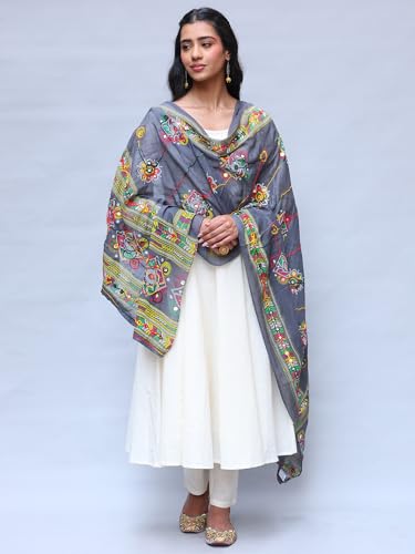 Printed Dupatta from Kutch with Hand-Embroidered Florals and Mirrors - Pure Cotton2