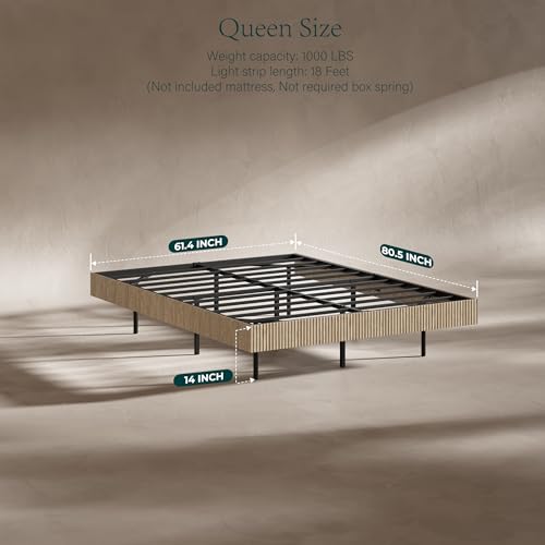 Image of Evermagin Oak Queen Floating Bed Frame with led Lights, Fluted 14In High Platform Bed No Headboard, Heavy Duty Mid Century Modern Float Metal Bedframe, No Box Spring Needed (Oak, Queen-14in high)