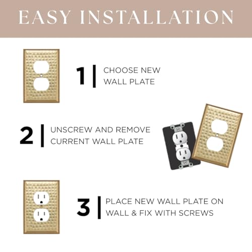 Image of Monarch Abode Single Toggle Light Switch Cover Plate - 1-Gang Brushed Gold Outlet Covers, Hand Hammered Decorative Outlet Cover Wall Plates, Light Switch Plate Covers for Electric Outlets, Pack of 2