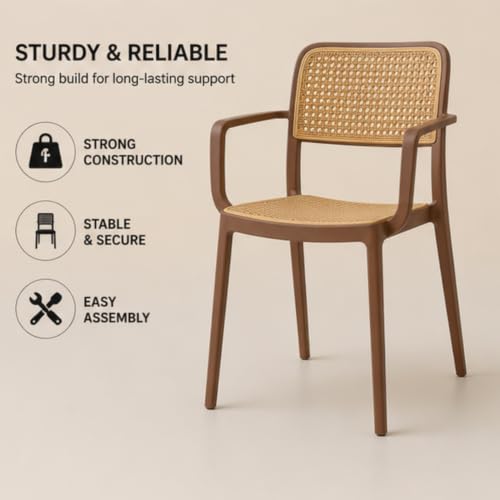 Image of NARSA Modern Rattan Style Dining Chair for Home & Cafe | Cane Pattern Plastic Chair with Ergonomic Backrest | Lightweight & Durable Indoor Outdoor Seating Chair (Brown, with Arm, Set of 4)