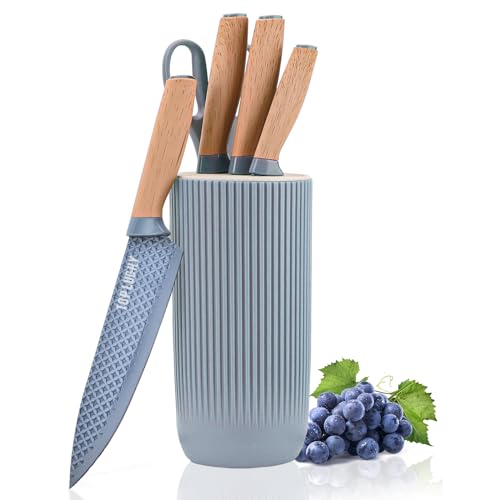Kitchen Knife Set, Retrosohoo 6-Pieces Blue Sharp Knife Set for Kitchen, Non-stick Non-slip Stainless Steel Chef Knife Set with Universal Knife Block Suitable for Home Restaurant (Dusty Blue)