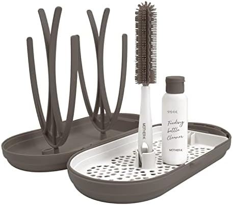 MOTHER-K Travel Baby Bottle Drying Rack Set, Including Bottle Brush and Travel Bottle, for Working Mom or Camping with Baby (Brown)