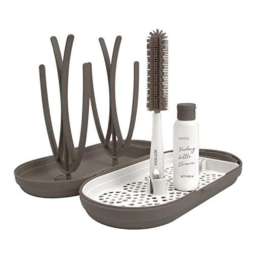 Mother-K Travel Baby Bottle Drying Rack Set, Including Bottle Brush And Travel Bottle, For Working Mom Or Camping With Baby (Brown) #TOP2