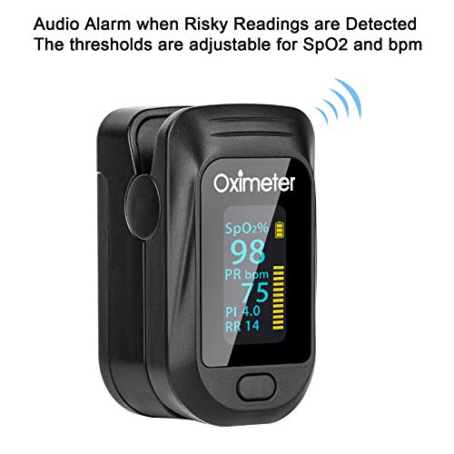 Tomorotec Fingertip Pulse Oximeter Accurate Blood Oxygen Saturation Level (Spo2), Perfusion Index (Pi), Pulse Rate (Pr), Respiratory Rate (Rr) Monitor With Lanyard [Sports & Aviation Use Only] (Black) #TOP4
