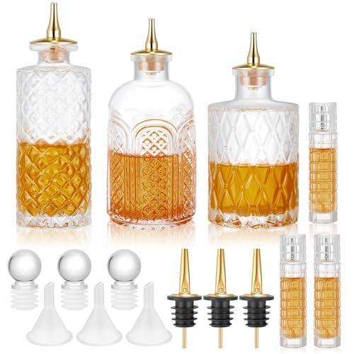 Teenyyou 6 Pcs Bitters Bottle Set, 3 Cocktail Dasher Bottles with Dash Tops and Stopper, 3 30ml/1ozcocktail Atomizer, Glass Bar Bottles for Homemade Cocktail Bartender Home Bar Accessories