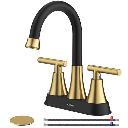 Bathroom Faucets for Sink 3 Hole, Hurran 4 inch Black and Gold Bathroom Sink Faucet with Pop-up Drain and Supply Hoses, Stainless Steel Lead-Free Centerset Faucets for Vanity RV